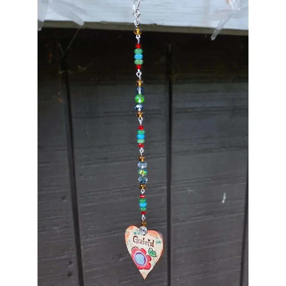 Artisan Beaded Suncatcher Ceramic Heart GRATEFUL Colorful Crystals Floral Mobile